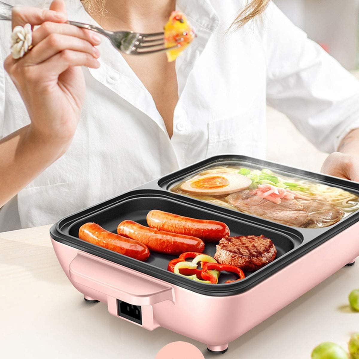 BBQ Smokeless Grill Non-stick Electric Griddle 2-in-1 Indoor Grill Pot Small Multifunctional Electric Cooker Smokeless BBQ Grill Shabu Pot Cooking Pot Temperature Control White 30x22x8.5cm (Color : B
