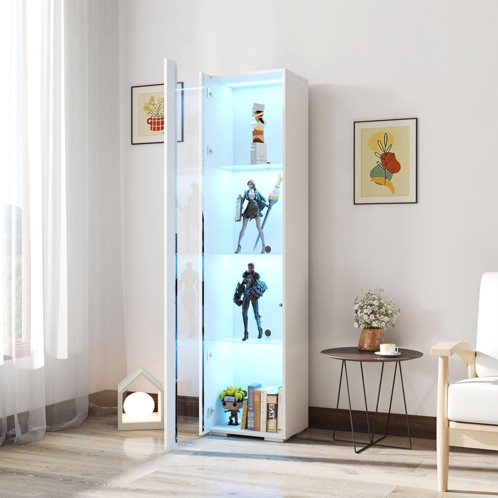 67' LED Display Cabinet with 4 Glass Shelves & 1 Door, Modern Curio Cabinet Collection Display Case Storage Cabinet, High Gloss Floor Standing Bookshelf for Living Room Bedroom Office (White)
