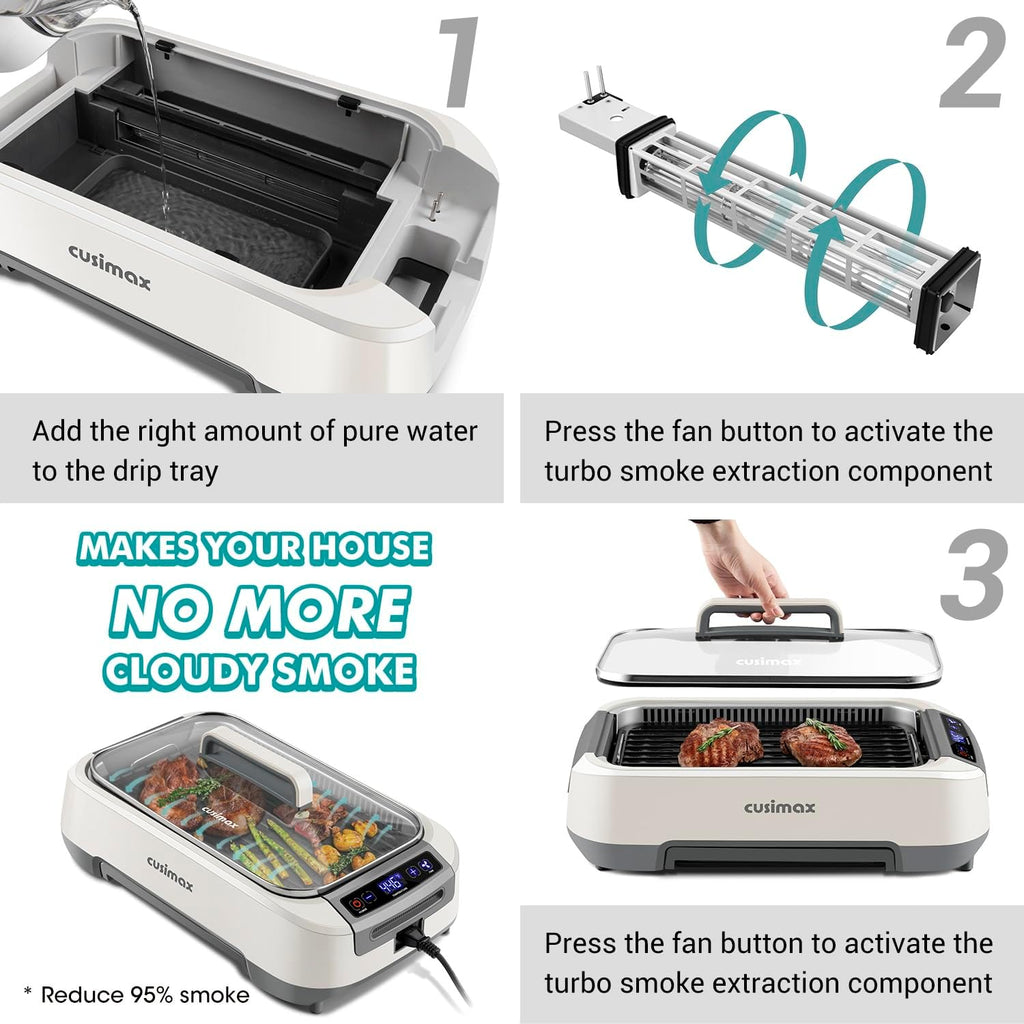 CUSIMAX Smokeless Indoor Electric Grill With Non-stick Removable Plate & Griddle, 1500W Korean BBQ With LED Smart Display & Tempered Glass Lid, White Combo