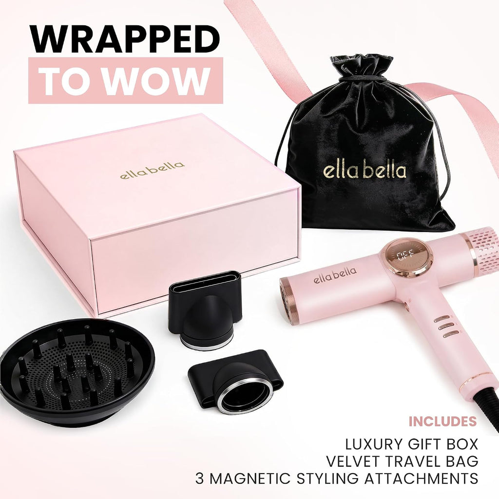 ELLA BELLA® Professional Ionic Hair Dryer with Diffuser • Negative Ion Blow Dryer • Suitable All Hair Types • Intelligent Heat Control & Rapid Drying Speeds • Lightweight Design • Low Noise Technology