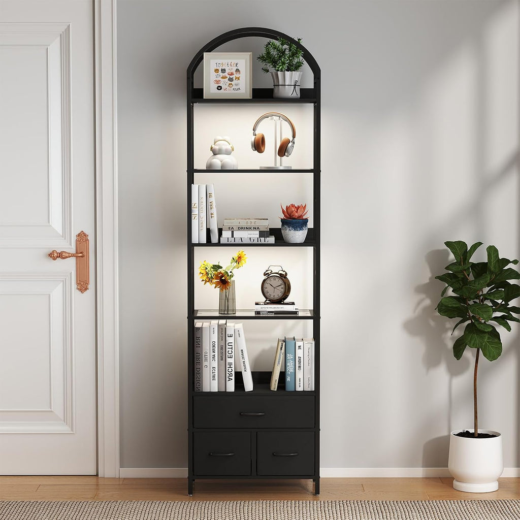 Turosur 83.4' Tall Narrow Bookshelf with 3 Drawers, Arched Bookcase with LED Lignts, 6-Tier Open Bookshelf with Metal Frame, Black