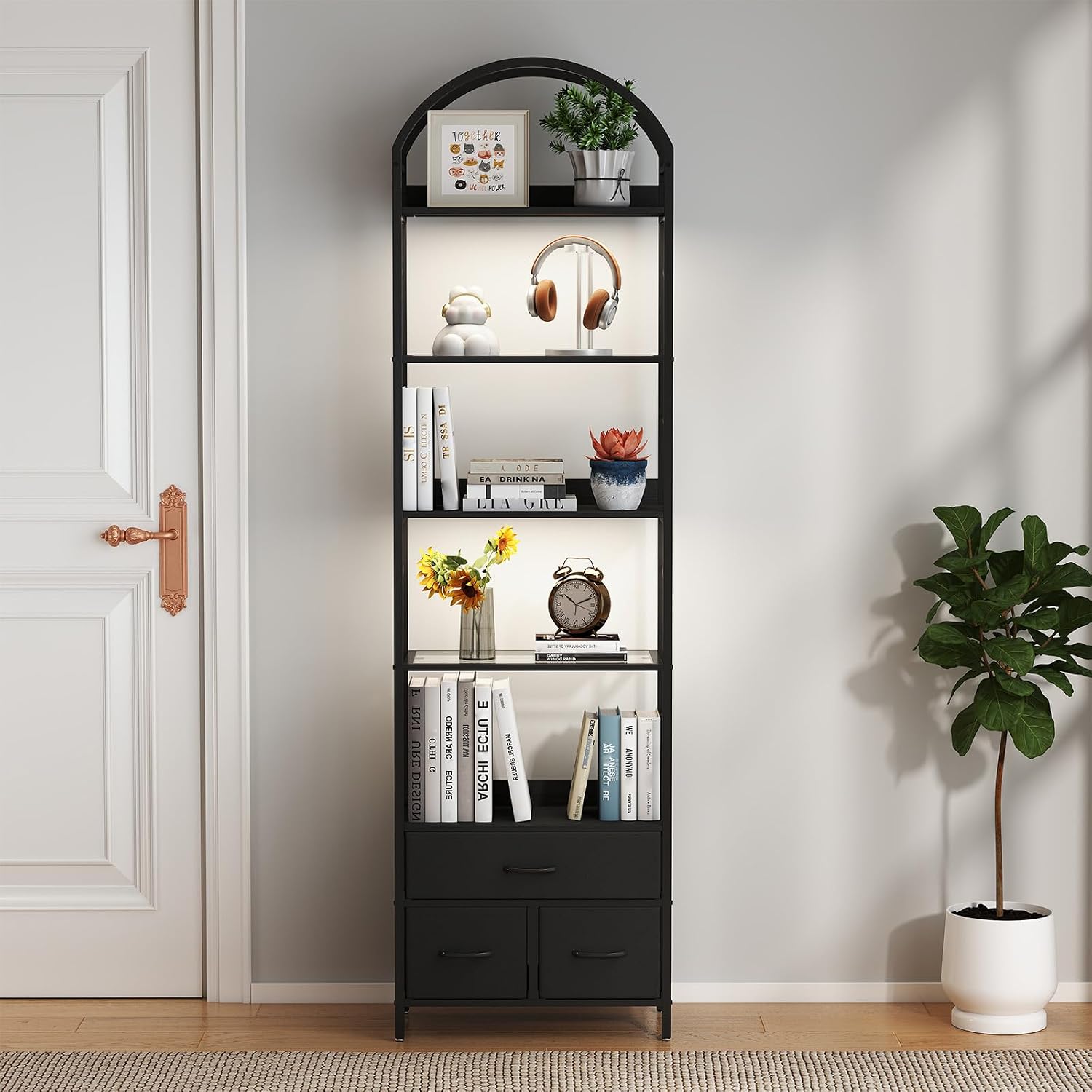 Turosur 83.4' Tall Narrow Bookshelf with 3 Drawers, Arched Bookcase with LED Lignts, 6-Tier Open Bookshelf with Metal Frame, Black