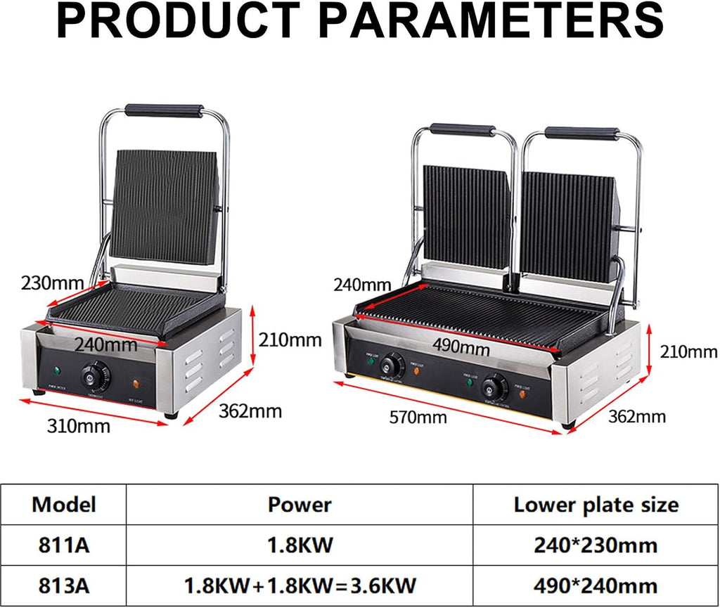 Commercial Panini Press with Grooved Grill, Sandwich Maker Machine, Electric Contact Grill Single, 1800W/3600W Indoor Grill, for Steaks,813A-220V