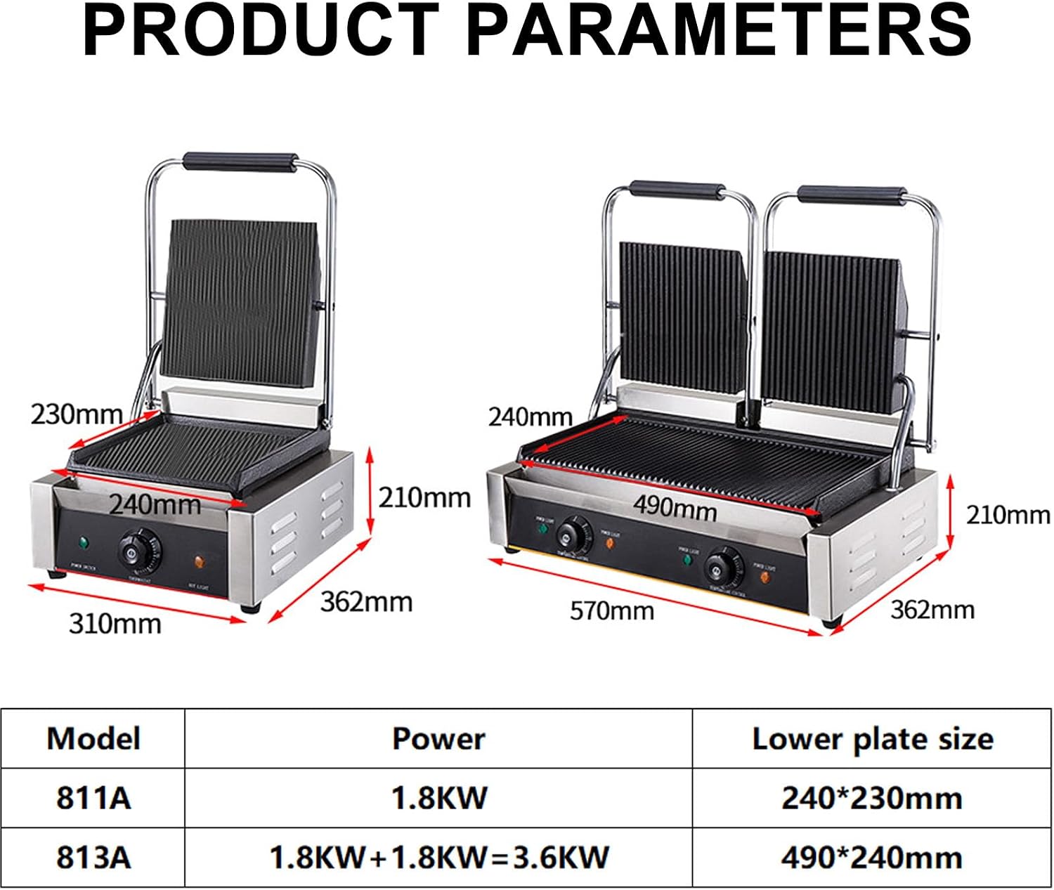Commercial Panini Press with Grooved Grill, Sandwich Maker Machine, Electric Contact Grill Single, 1800W/3600W Indoor Grill, for Steaks,813A-110V