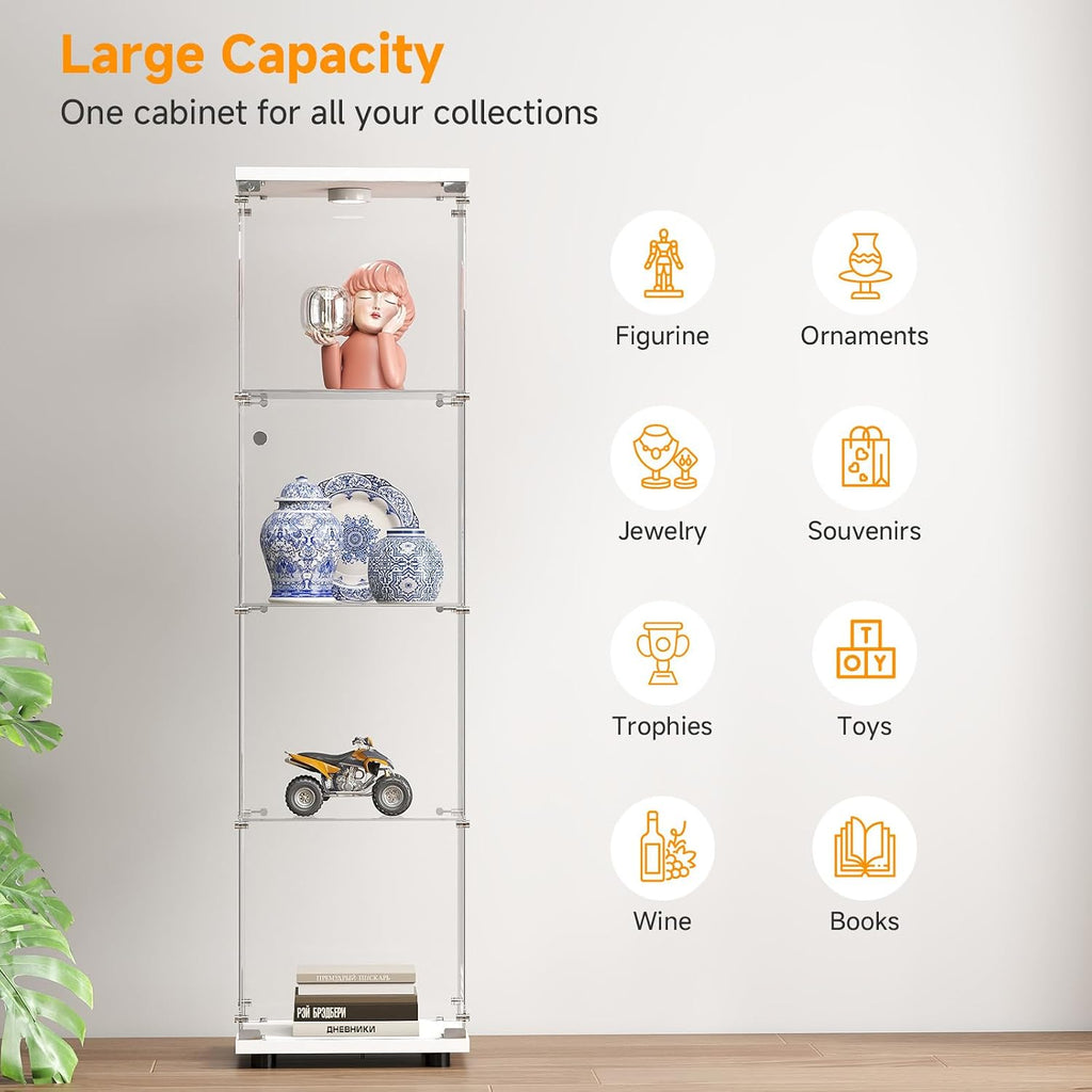 Zevemomo Tempered Glass Display Cabinet with Lights, 4-Tier Curio Cabinet with Glass Doors and Lock, Glass Display Case for Collectibles, for Living Room, Office, Bedroom, Single Door, White