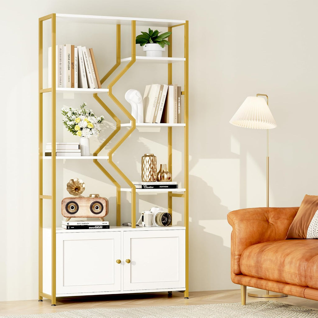 Keyluv 76' Tall Gold Bookshelf with Cabinet Storage, Multifunctional Open Display Bookcase with Door, Large Book Shelf Organizer for Living Room, Home, Office, Heavy Duty Metal & Wood, Modern White