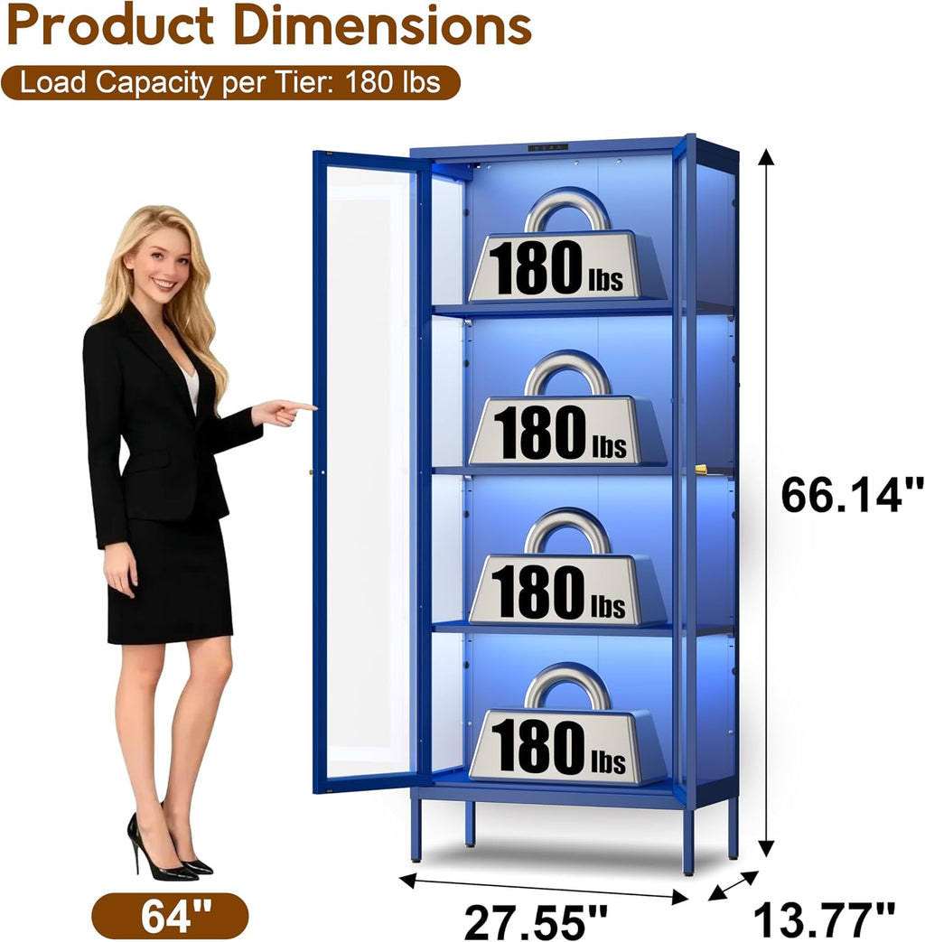UNICOLY Display Cabinet with Glass Doors, Glass Display Cabinet with 8 Color LED Lights, Curio Display Cabinet with 3 Shelves for Living Room, Plant, Display Shelf, Assembly Required, Blue