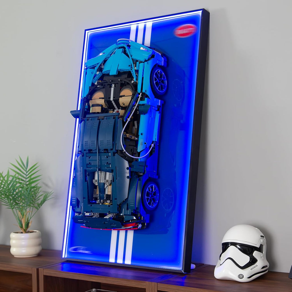 Display Wallboard with RGB LED Lights Compatible with Lego Technic Bugatti Chiron 42083 Race Car Building Kit and Engineering Toy - Adult Collectibles Wall Mount for Home or Office Décor