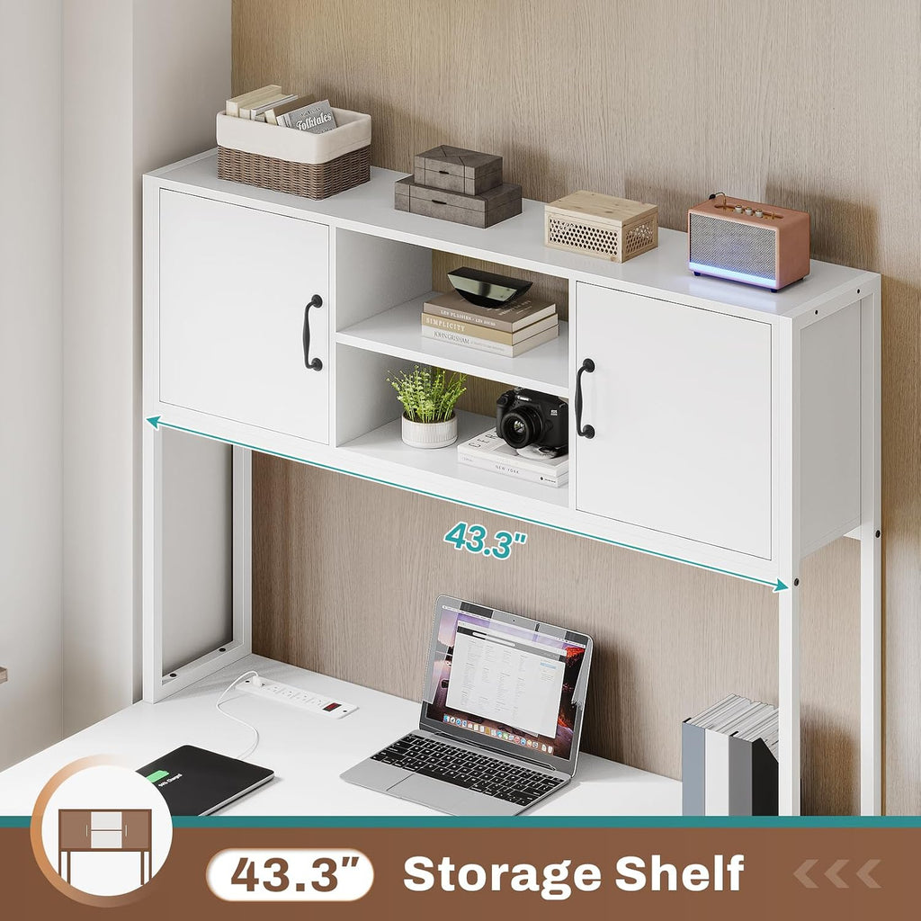 SEDETA White L Shaped Office Desk, Farmhouse Home Office Desk with Fabric File Drawers and Power Outlet, Corner Gaming Desk with LED Lights, Hutch and Storage Shelves