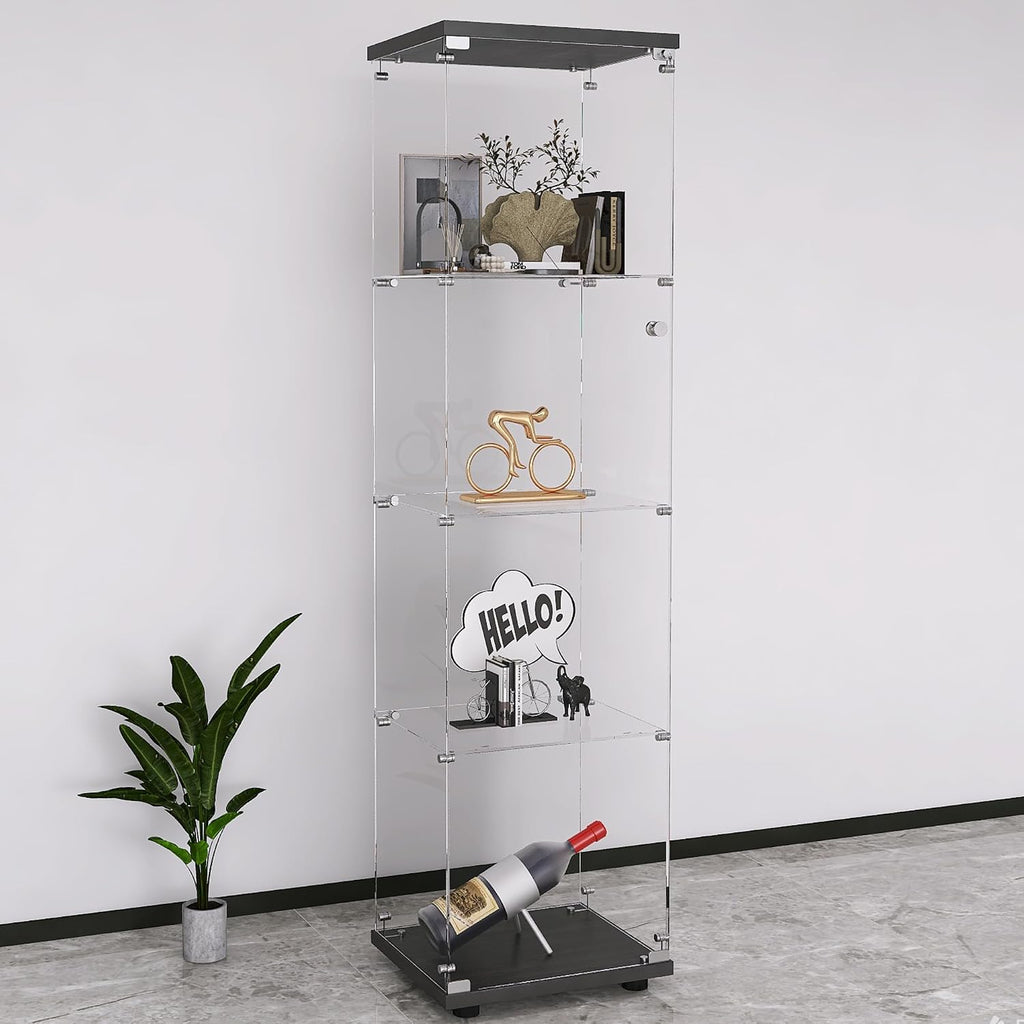 Glass Display Cabinet 4-Shelf with Door and Lock,Curio Cabinets Upgraded Quick-Install Storage Cabinet,Glass Floor Standing Bookshelf for Bedroom,Living Room,Office 16.7'Wx14.4'Dx64'H (Black)