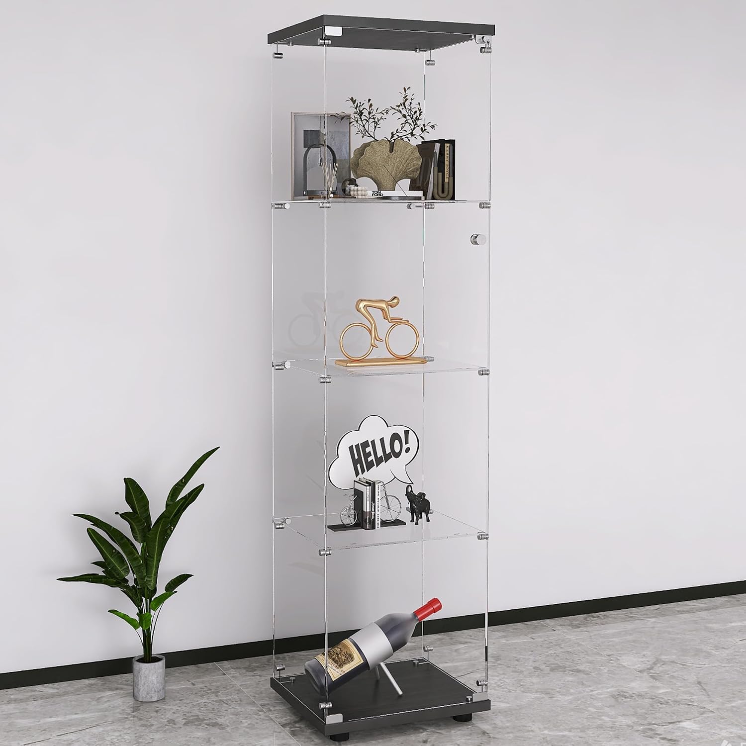 Glass Display Cabinet 4-Shelf with Door and Lock,Curio Cabinets Upgraded Quick-Install Storage Cabinet,Glass Floor Standing Bookshelf for Bedroom,Living Room,Office 16.7'Wx14.4'Dx64'H (Black)