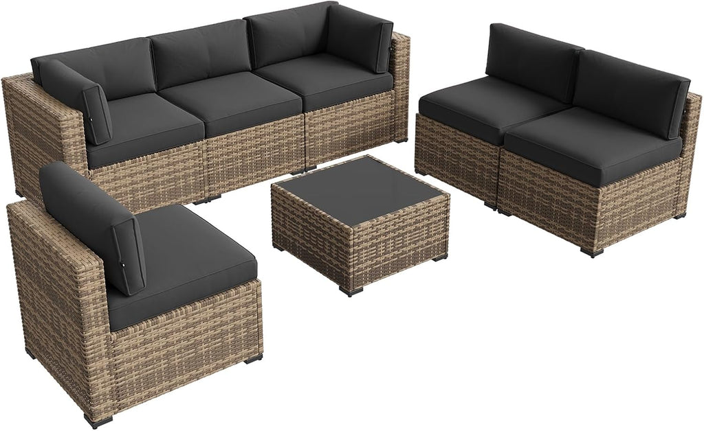 Aoxun Patio Furniture Sets, 7-Piece Outdoor Furniture with Thick Cushions, Wicker Conversation Set Sectional Sofa for Backyard, Poolside, Garden