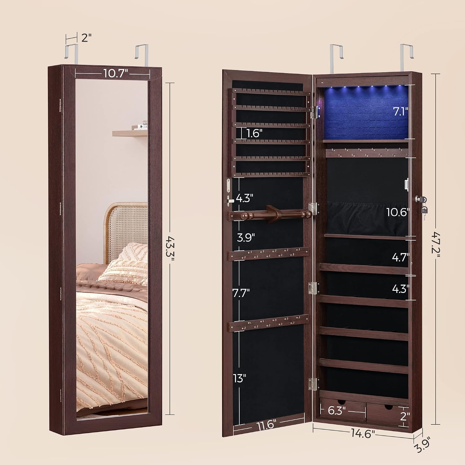 SONGMICS 6 LEDs Mirror Jewelry Cabinet, 47.2-Inch Tall Lockable Wall or Door Mounted Jewelry Armoire Organizer with Mirror, 2 Drawers, 3.9 x 14.6 x 47.2 Inches, Brown UJJC93K