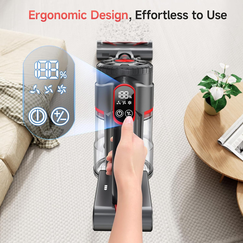 Cordless Vacuum Cleaner, 580W 60KPA Dual Motor Stick Vacuum for Home with 70mins Runtime, 6 LED Green Headlights, Self-Standing Design, V-Shaped Floor Brush for Carpet Tile Pet Hair Hardwood Floors