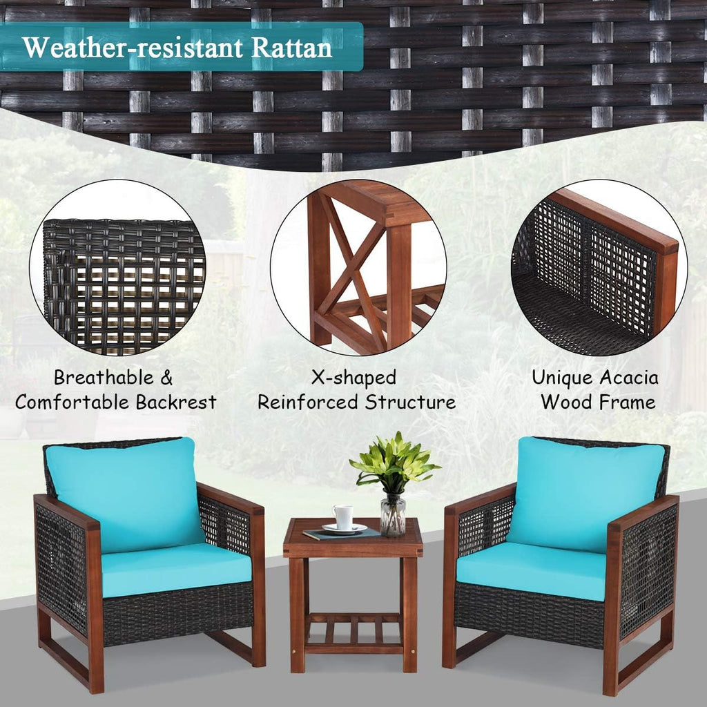 Tangkula 3 Pieces Patio Wicker Furniture Set, Rattan Outdoor Sofa Set w/Washable Cushion & Acacia Wood Coffee Table, Conversation Bistro Set for Garden Balcony Backyard (Turquoise)