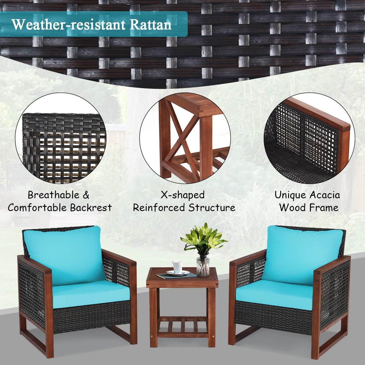 Tangkula 3 Pieces Patio Wicker Furniture Set, Rattan Outdoor Sofa Set w/Washable Cushion & Acacia Wood Coffee Table, Conversation Bistro Set for Garden Balcony Backyard (Turquoise)