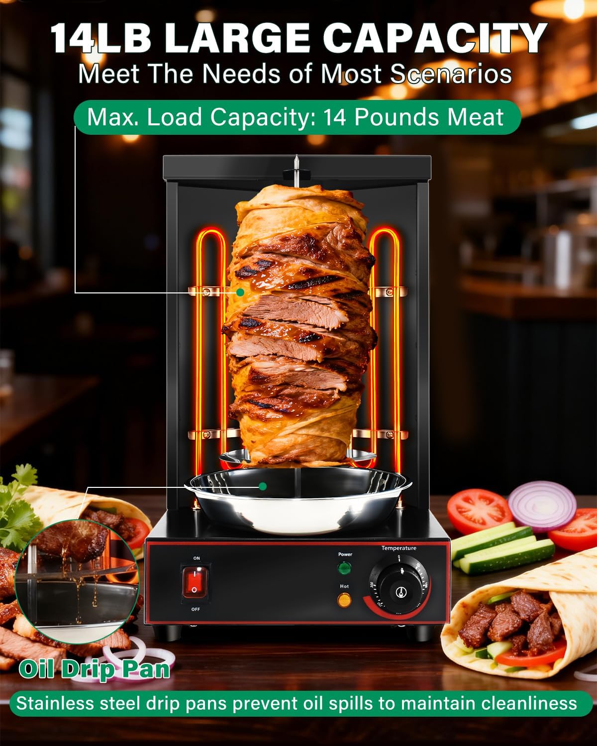 Electric Shawarma Grill Machine Countertop Rotisserie Turkey Maker Vertical Barbecue Oven with Temperature Control for Commercial/Household 122℉-572℉ 110V Black