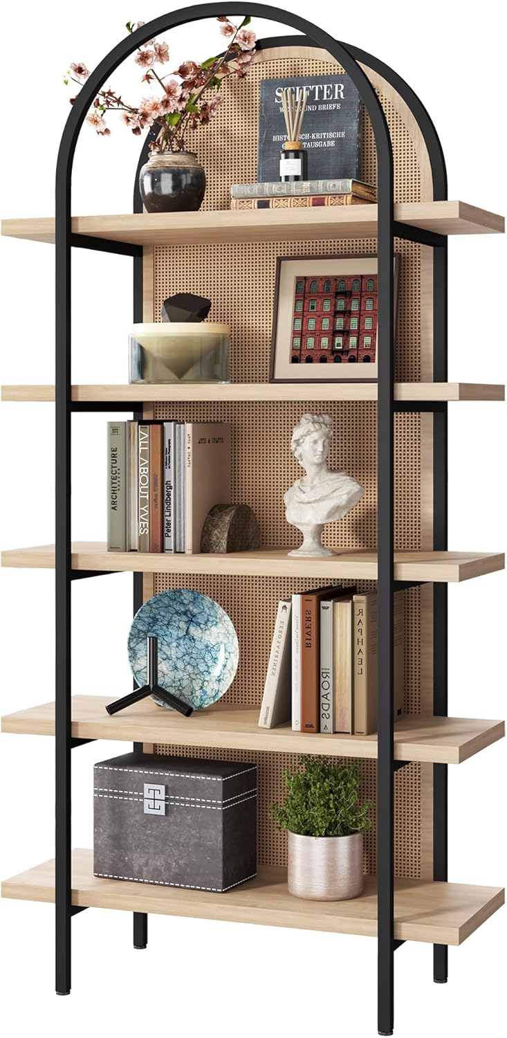 Yusong Bookshelf Rattan 5 Tier Arched Bookcase, 74' Tall Industrial Open Book Shelves for Living Room, Modern Freestanding Display Shelving Boho Storage Rack with Metal Frame for Office, Brown