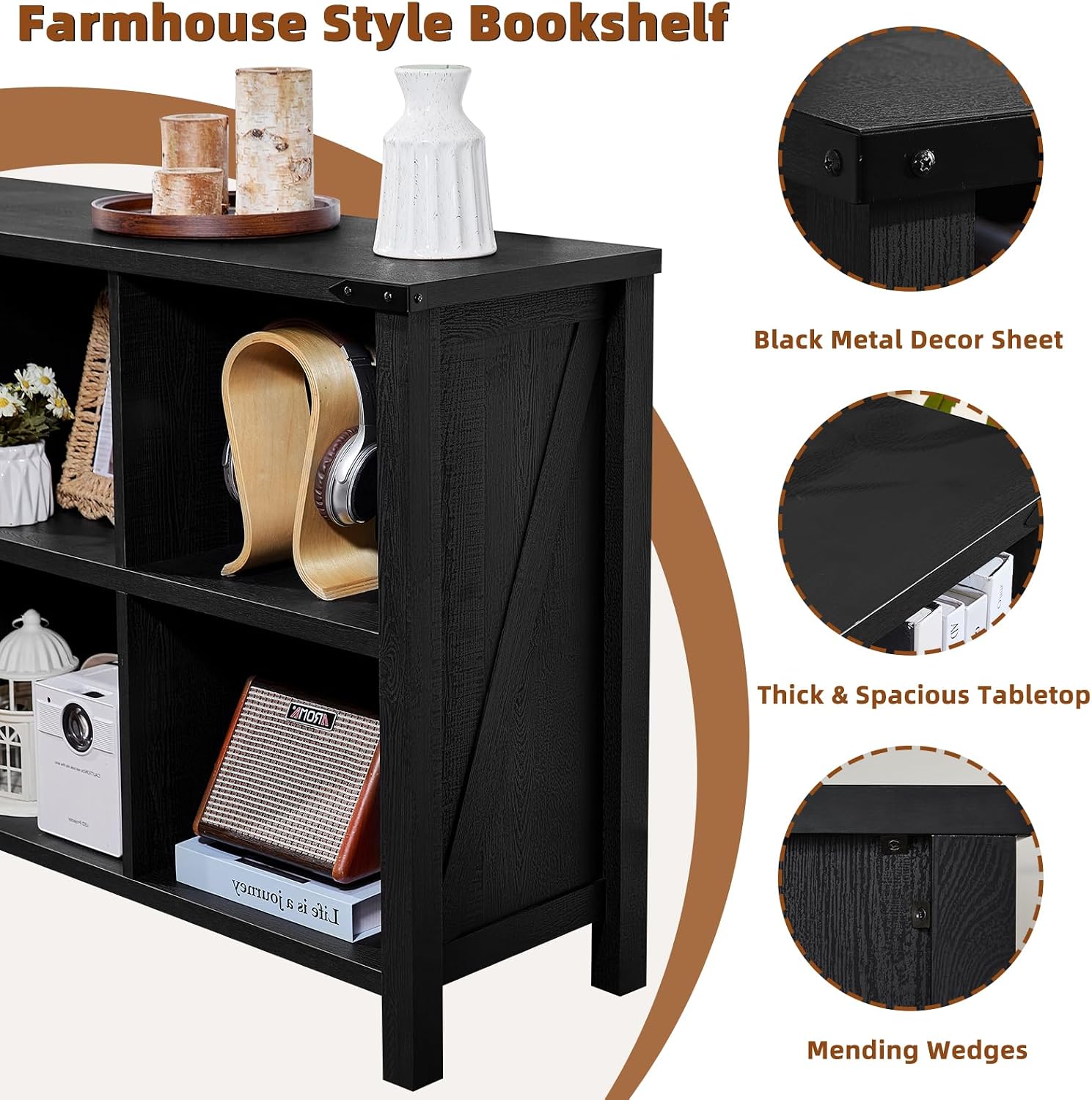 Joaxswe 6 Cube Bookcase, Farmhouse Wood Low Storage Organizer Book Shelf, Black 47' Horizontal Console Bookshelf with Legs, Hallway Book Case for Entryway, Display Cabinet for Living Room, Office