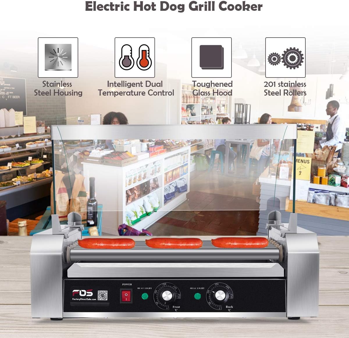 Safstar Commercial 18 Hot Dog 7 Non-Stick Roller Machine, Electric Hot Dog Sausage Grill Cooker Machine with Removable Stainless Steel Drip Tray & Glass Hood Cover, Countertop Hot Dog Roller Warmer