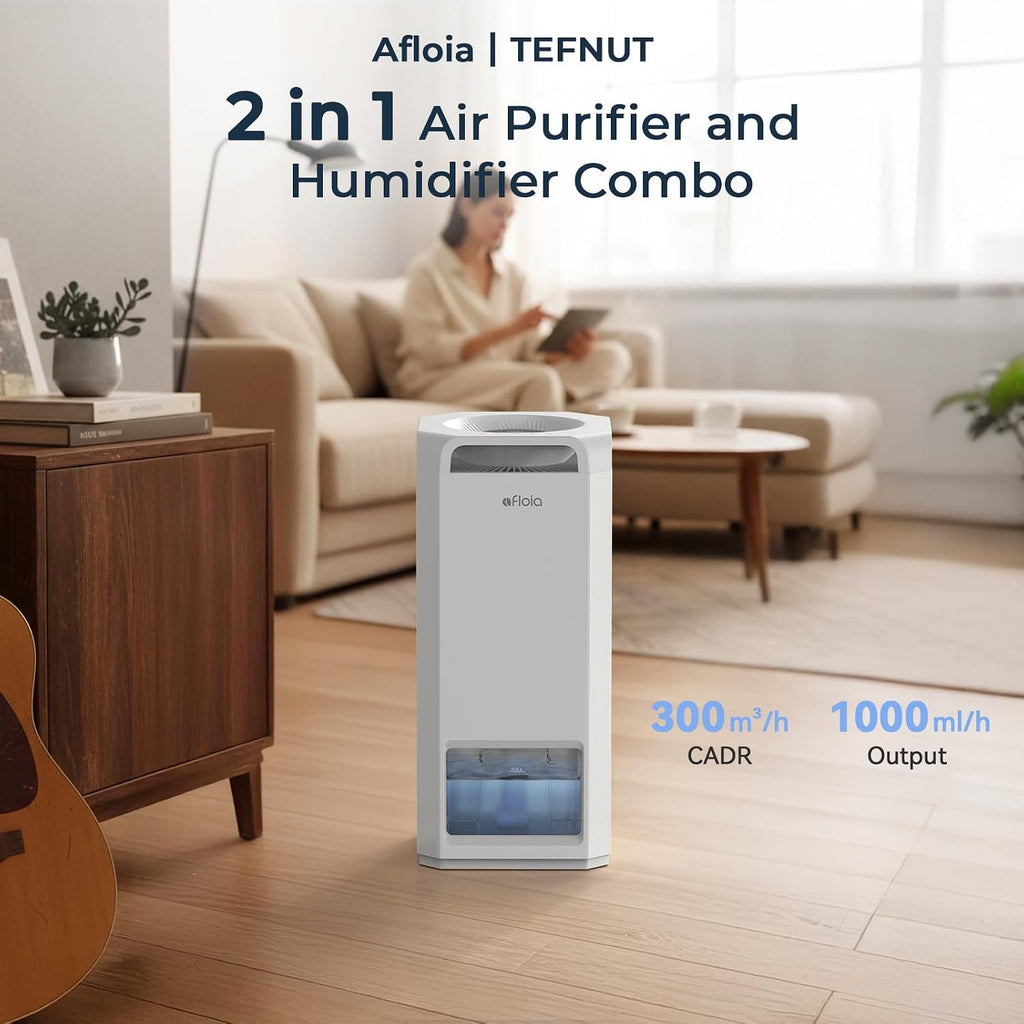 Afloia Air Purifier and Humidifier Combo in One-Cool Mist Evaporative for Home Bedroom Large Roome up tp 3000ft², with Humidity&Air Quality Sensor, Remove Pets Hair Mold Dust Odor Pollen Smoke, White