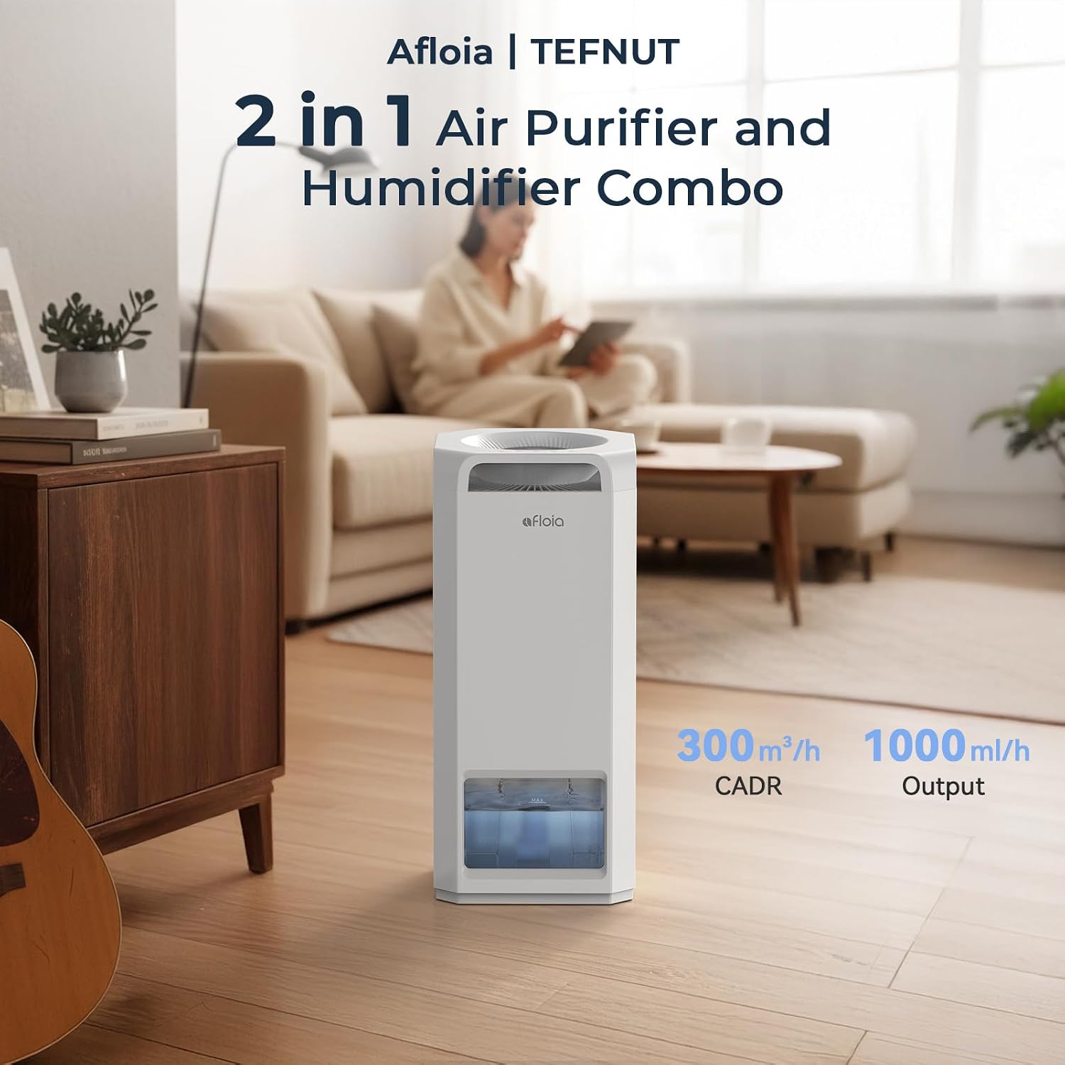 Afloia Air Purifier and Humidifier Combo in One-Cool Mist Evaporative for Home Bedroom Large Roome up tp 3000ft², with Humidity&Air Quality Sensor, Remove Pets Hair Mold Dust Odor Pollen Smoke, White