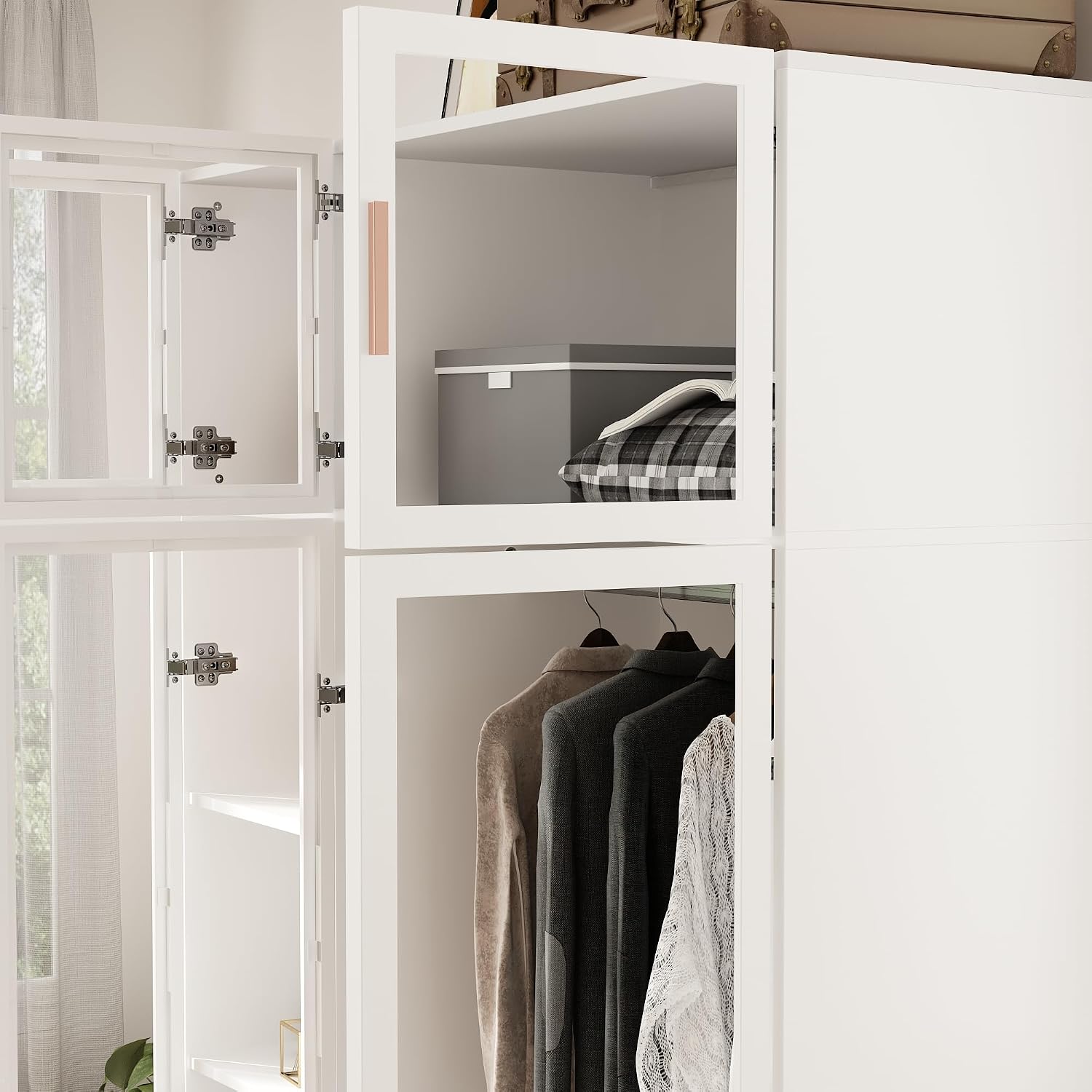 Wardrobe Cabinet with LED Lights, Armoire Closet with Glass Doors, Wooden Large Wardrobe with Hanging Rod & 5 Tiers Shelf, Modern Bedroom Armoire Clothes Organizer, White 47.2' W