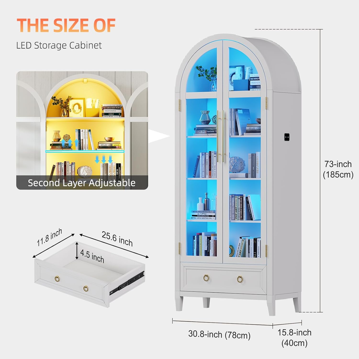 Arch Display Cabinet with Glass Doors, 4-Tier Curio Cabinet Shelves and a Drawer,73' Inch Tall LED Display Case for Collectibles,Bookcase for Bedroom Living Room Office,Black White