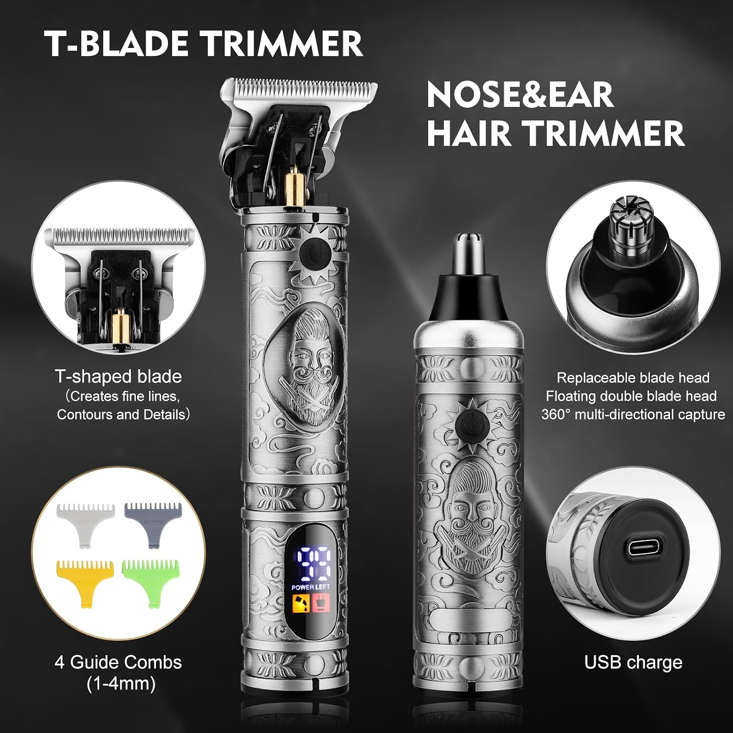 Dumite Professional Hair Clippers for Men,Hair Clippers+T-Blade Trimmer+Electric Shaver+Nose Hair Trimmer Set,4 in 1 Cordless Barber Hair Cutting Kit LCD Display Gifts (Gray)