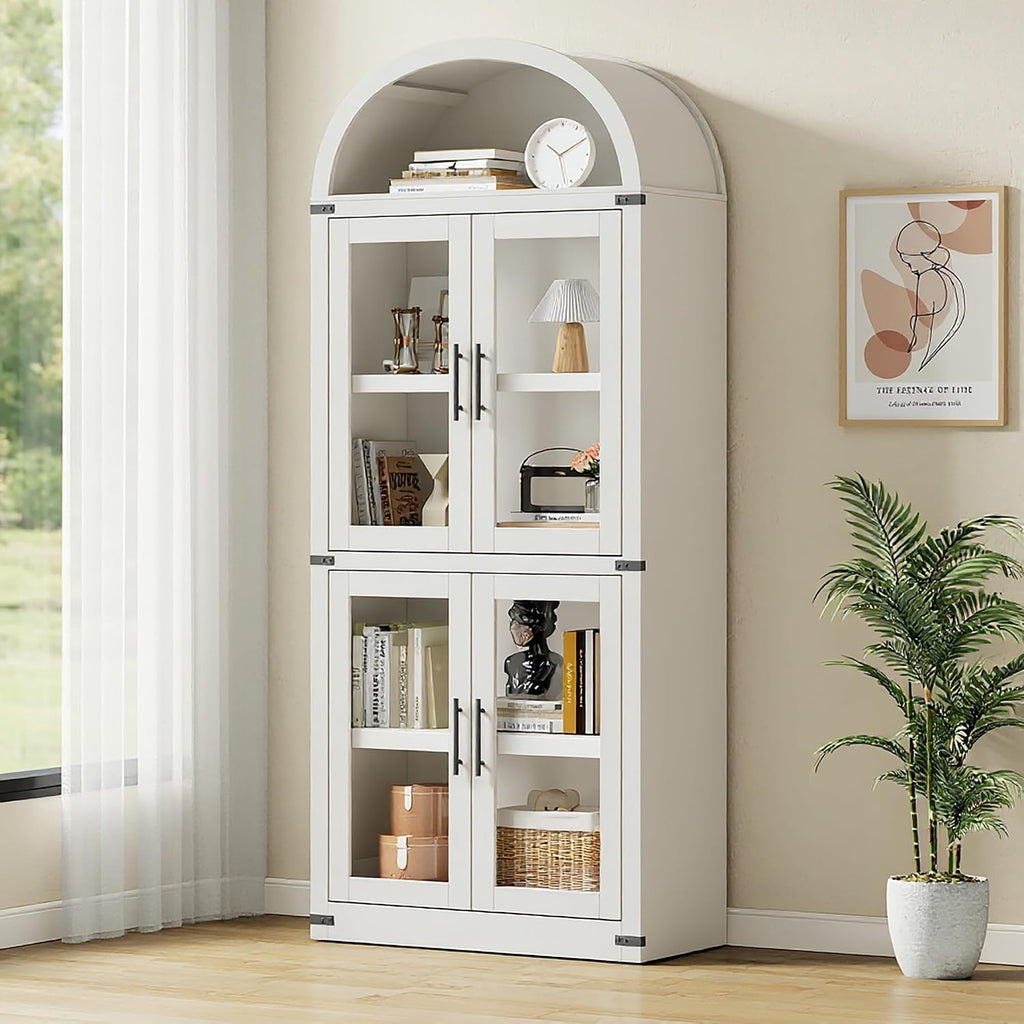 GarveeHome Arched Bookcase with Doors Modern 6-Tier Bookshelf with Storage Wooden Display Cabinet Farmhouse Storage Shelves for Living Room, Kitchen, Office (White)