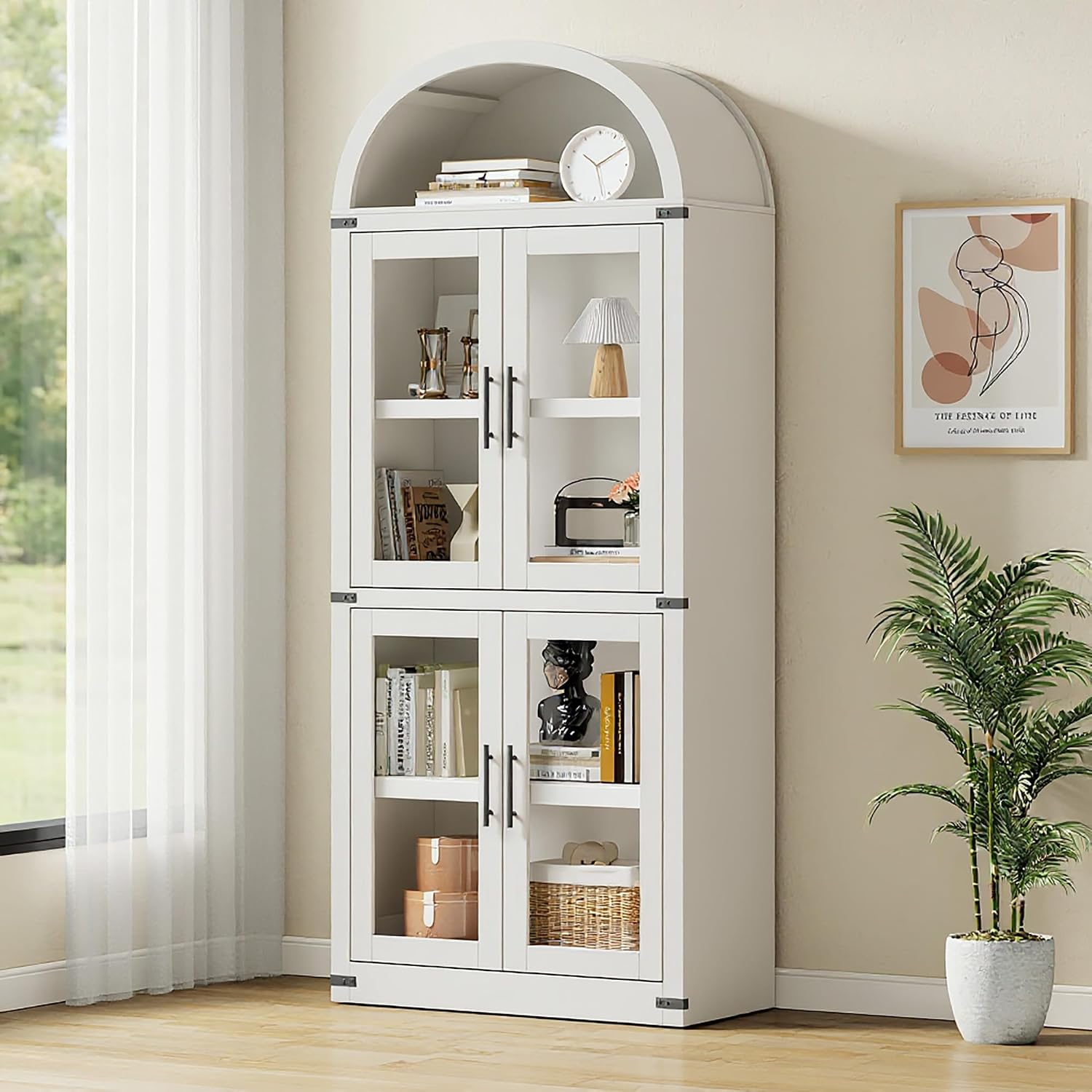 GarveeHome Arched Bookcase with Doors Modern 6-Tier Bookshelf with Storage Wooden Display Cabinet Farmhouse Storage Shelves for Living Room, Kitchen, Office (White)