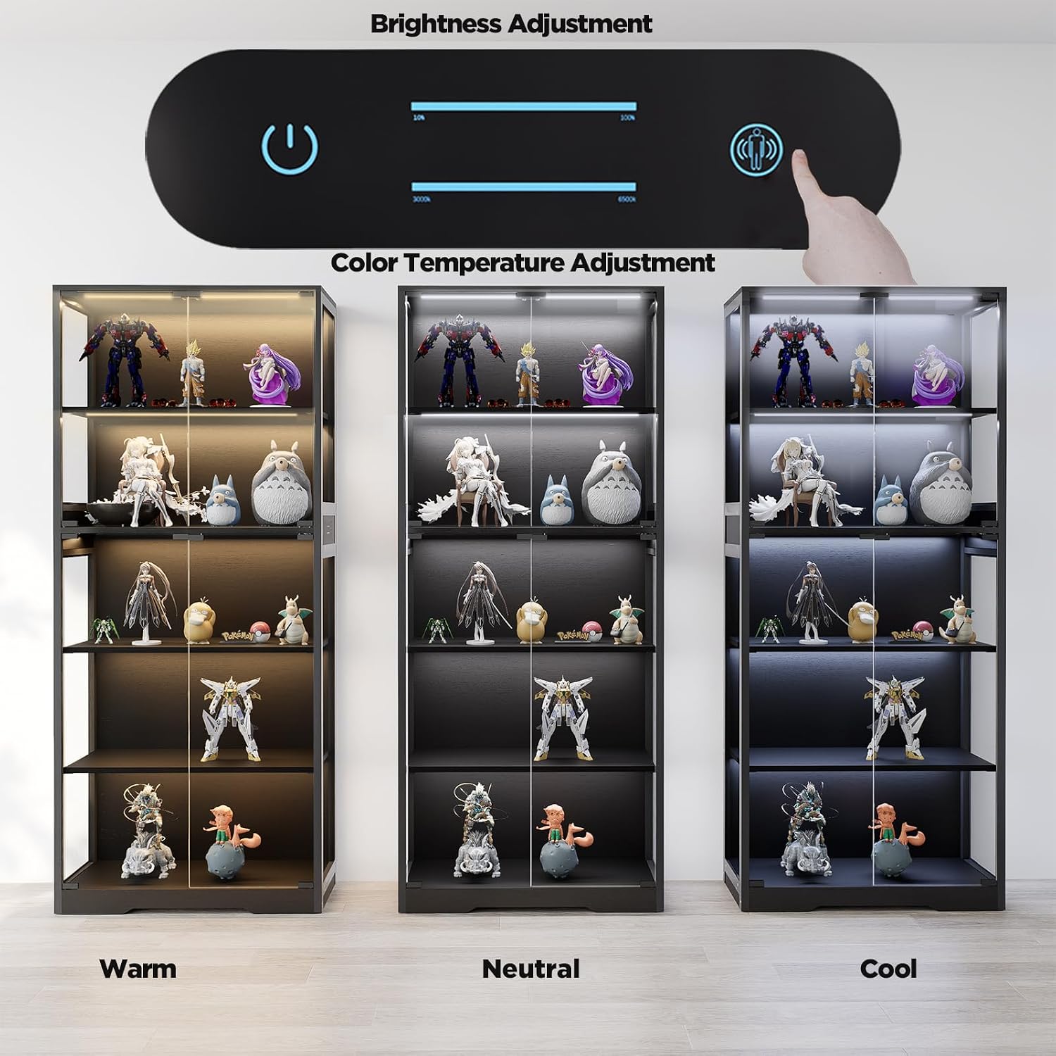 Glass Display Cabinet, 5-Tier Curio Cabinet with Glass Doors, Dimming LED Lights & Motion Sensor, for Collectible Figures, Living Room, Bedroom, or Office (Iron Frame Black)