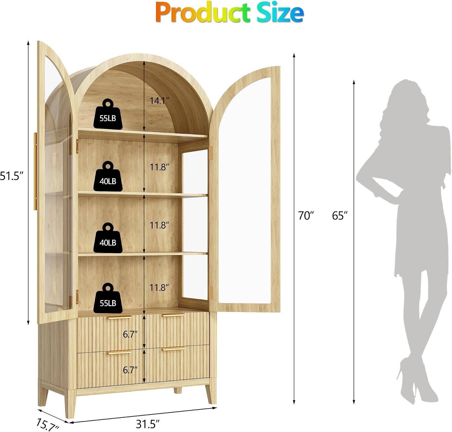 LVSOMT 71' Tall Arched Storage Cabinet with Glass Doors and Drawers, Curio Display Cabinet with Adjustable RGB Light & Human Sensor, 4-Tier China Cabinet for Living Room(Wood)