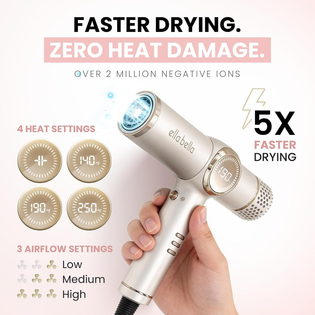 ELLA BELLA® Professional Ionic Hair Dryer with Diffuser • Negative Ion Blow Dryer • Suitable All Hair Types • Intelligent Heat Control & Rapid Drying Speeds • Lightweight Design • Low Noise Technology