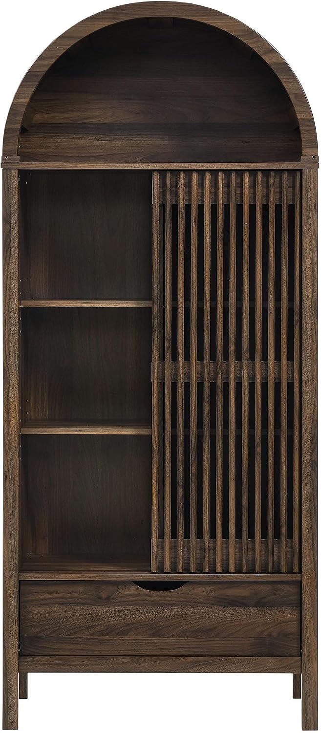 Modway Vaughn 71 Inch Arched Display Cabinet in Walnut - Modern Arch Bookcase with Drawer and Adjustable Shelves - Tall Storage Cabinet for Living Room, Dining Room, Hallway