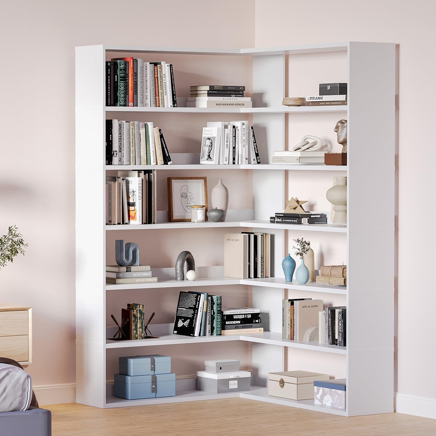 MXV 71.5' Tall L-Shaped Corner Bookshelf, 6-Tier 35.2' Wide Wooden Bookcase with Storage Organizer, Display Shelf for Home, Office, Living Room (35.2')