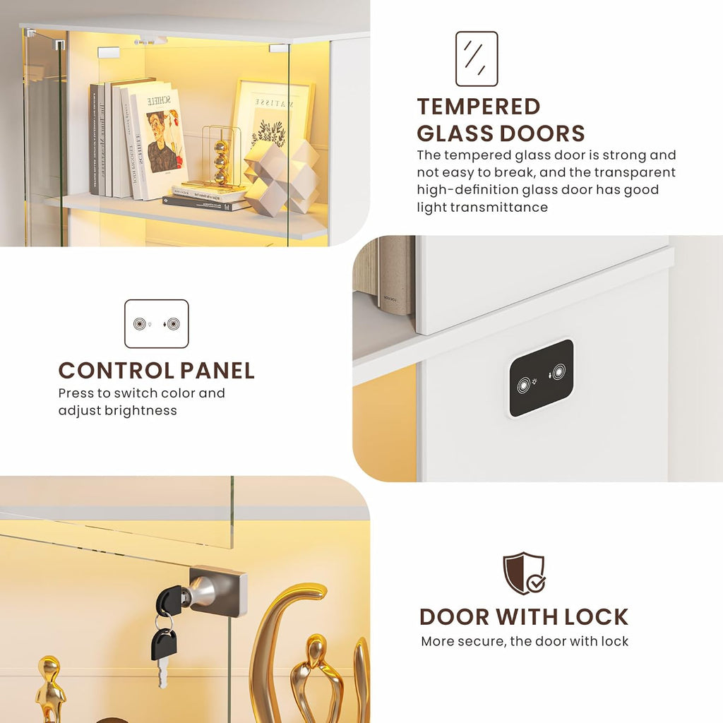 Display Cabinet with Glass Door,Lighted 4-Tier Curio Cabinet with3 Color Lights for Collectibles Bookcases,66' Lockable Display Case with Human Body Sensor,White