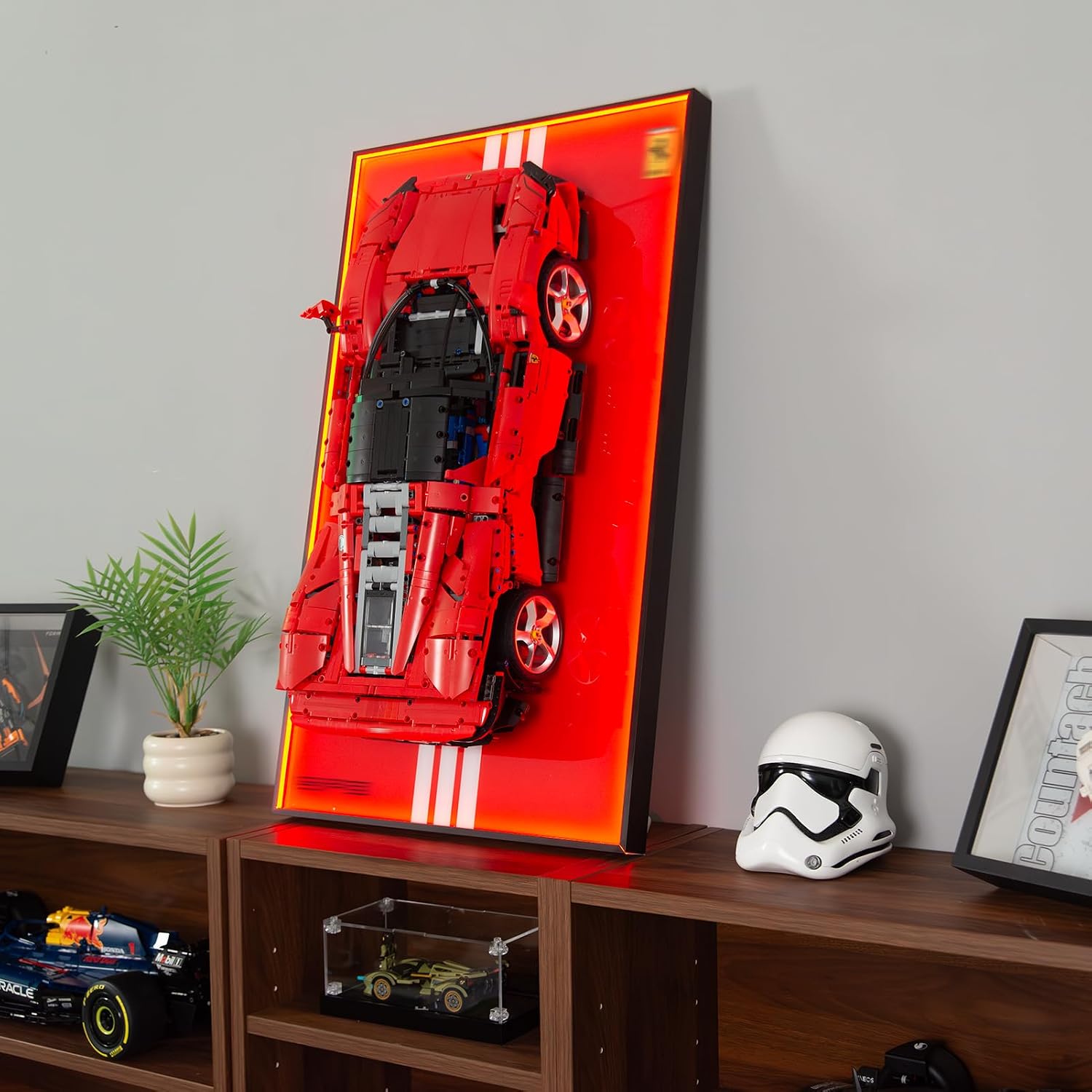 Display Wallboard with RGB LED Lights Compatible with Lego Technic Ferrari Daytona SP3 42143 Race Car Model Building Kit - Adult Collectibles Wall Mount for Home or Office Décor (No Car)