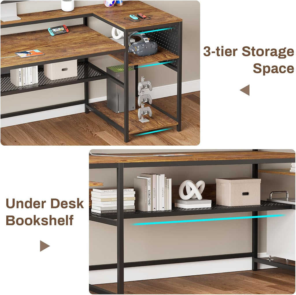 SEDETA L Shaped Computer Desk, Reversible Computer Desks, L Shaped Desk with Power Outlets & LED Strip, Monitor Shelf, Keyboard Tray, Pegboard and Storage Shelves for Home Office, Rustic Brown
