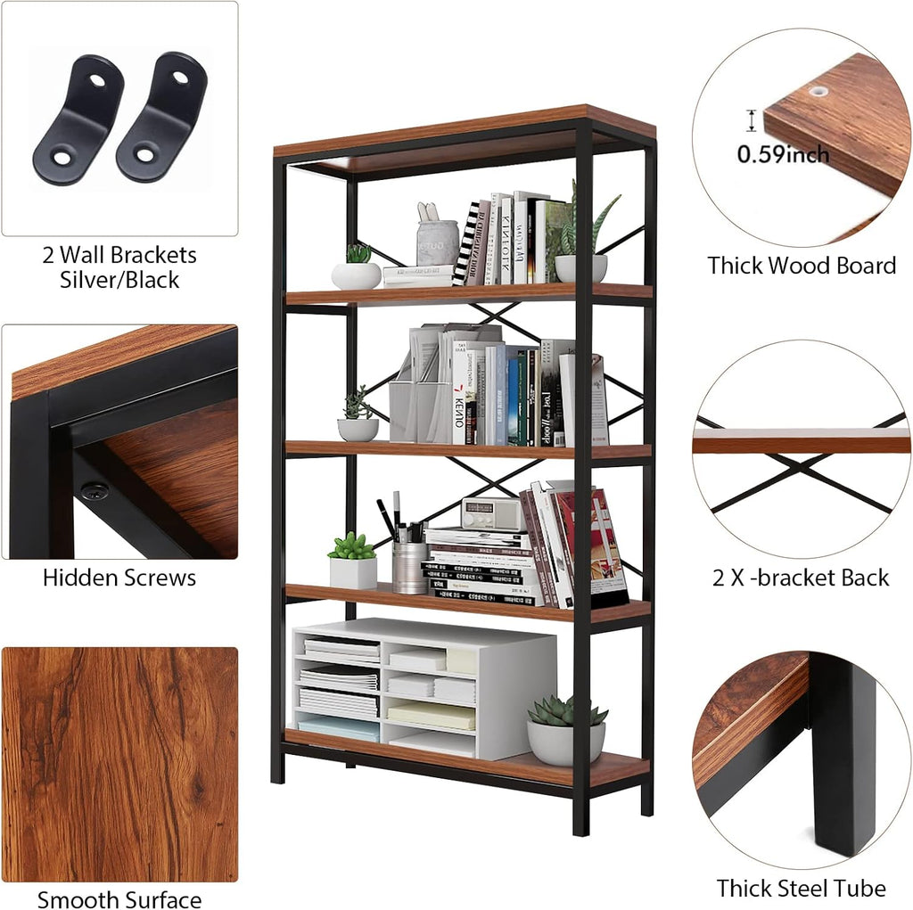 Himimi Industrial Bookshelf 5-Tier Set of 2, Bookcase 58' H Ladder Shelf, Storage Shelves Rack Shelf Unit, Accent Furniture Metal Frame, Home Office Furniture, Vintage Brown（2PCS）