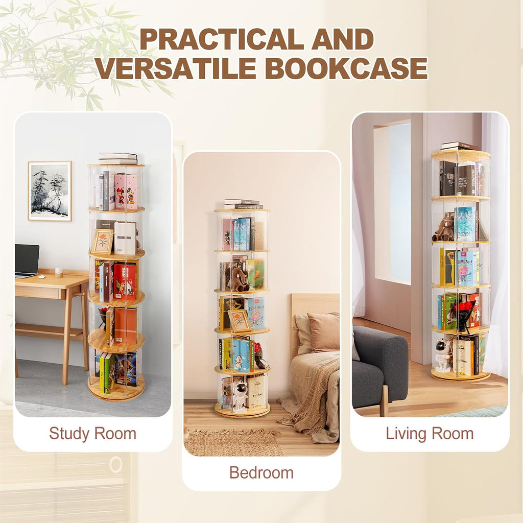 TAKEKIT 360° Rotating Bookshelf, 5-Tier Spinning Book Shelf Tower with Solid Wood & Clear Acrylic, Round Revolving Bookcase for Living Room, Bedroom and Office