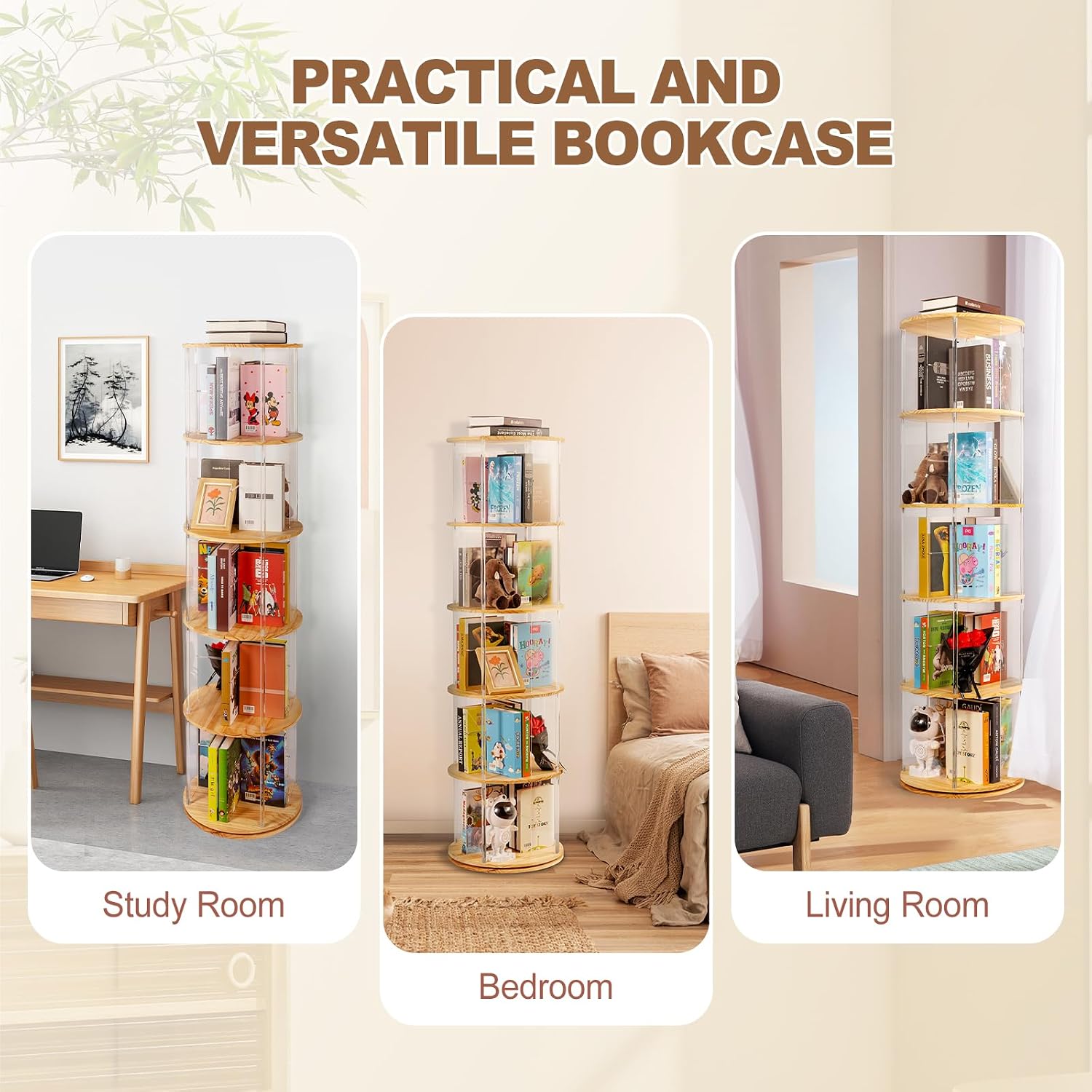 TAKEKIT 360° Rotating Bookshelf, 5-Tier Spinning Book Shelf Tower with Solid Wood & Clear Acrylic, Round Revolving Bookcase for Living Room, Bedroom and Office