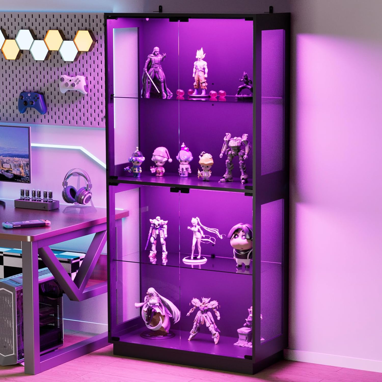 Display Cabinet with Glass Doors 4 Tier Glass Display Case with RGB LED Lights Display Cases for Collectibles Adjustable Shelves Display Case, for Game Room, Living Room, Bedroom, Black