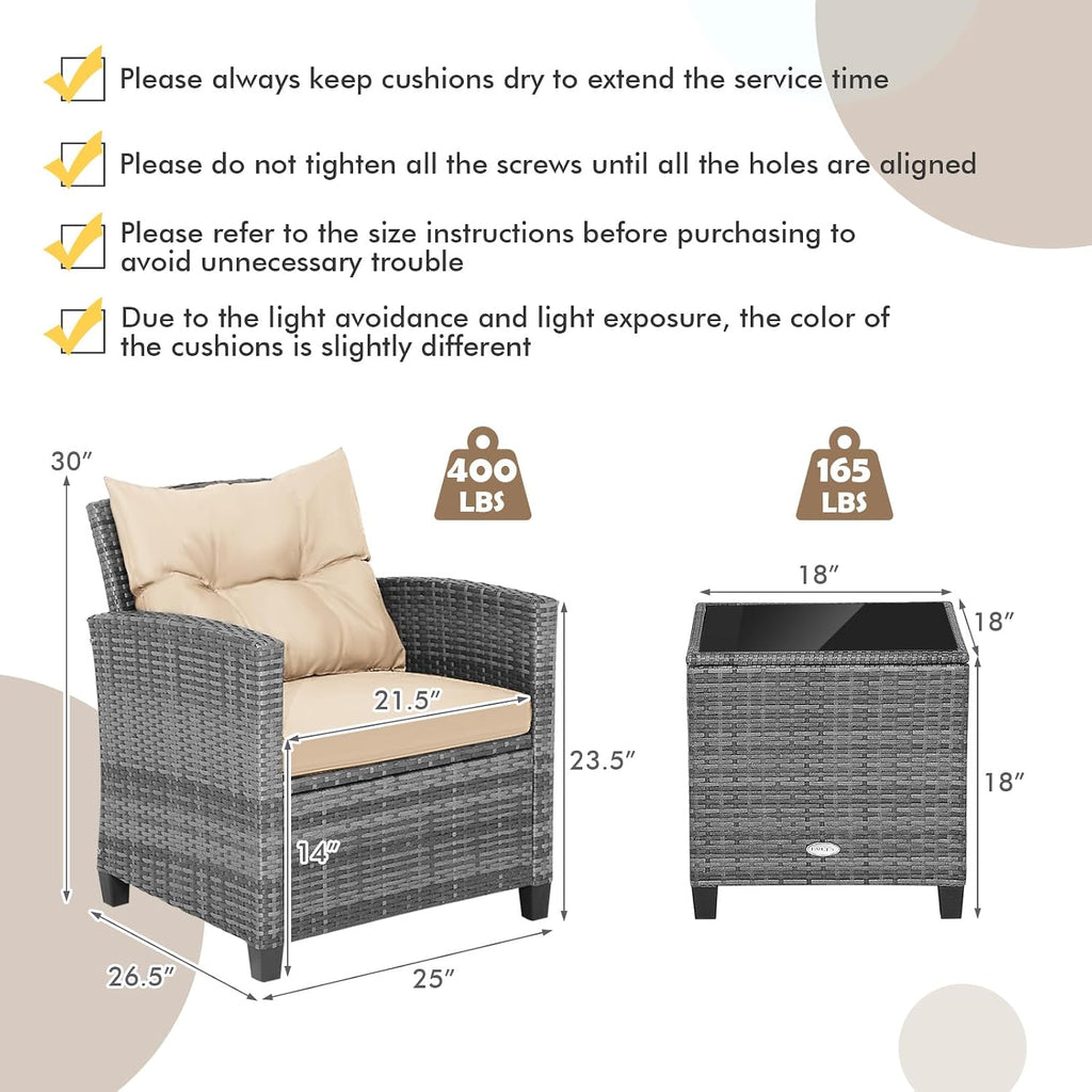 Tangkula 3 Pieces Wicker Patio Furniture Set, Outdoor Rattan Conversation Cushioned Chair Set with Tempered Glass Side Table, for Porch, Balcony and Garden