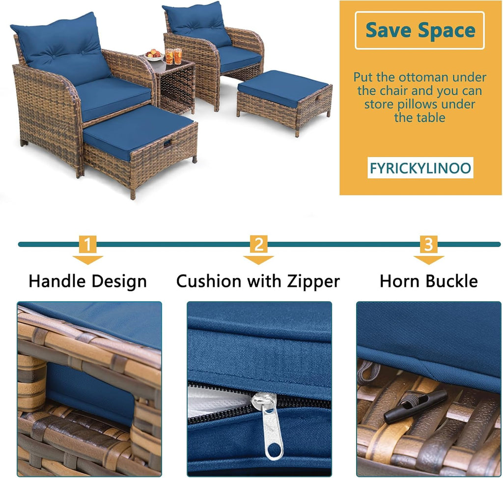 5 Pieces PE Wicker Patio Chairs with Ottomans, Outdoor Balcony Chairs with Ottomans, 5 PCS Outdoor Patio Furniture Set with Ottoman for Porch Sunroom Poolside, Blue Cushion