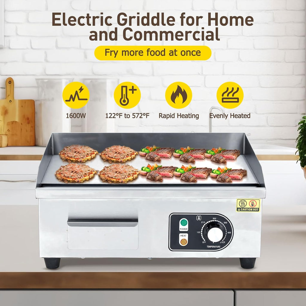 1600W 22' Half Flat Top Electric Griddle – Commercial-Grade Stainless Steel, Adjustable Temp, 2 Shovels/Brushes & Plug Included