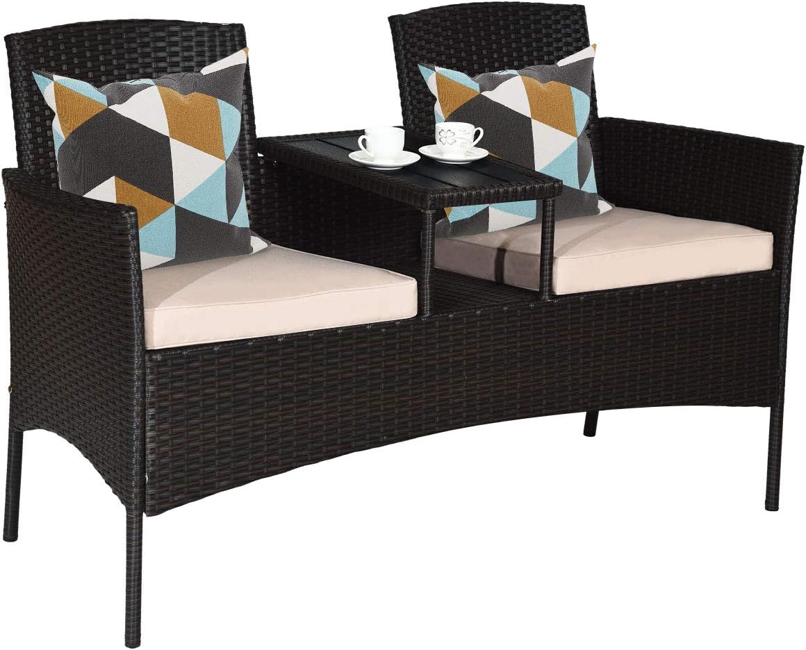 Tangkula Outdoor Rattan Loveseat with Built-in Coffee Table, 2-Person Patio Conversation Set with Cushions & Table, Modern Patented Wicker Sofa Set, Wicker Sofa for Garden Lawn Backyard, Beige