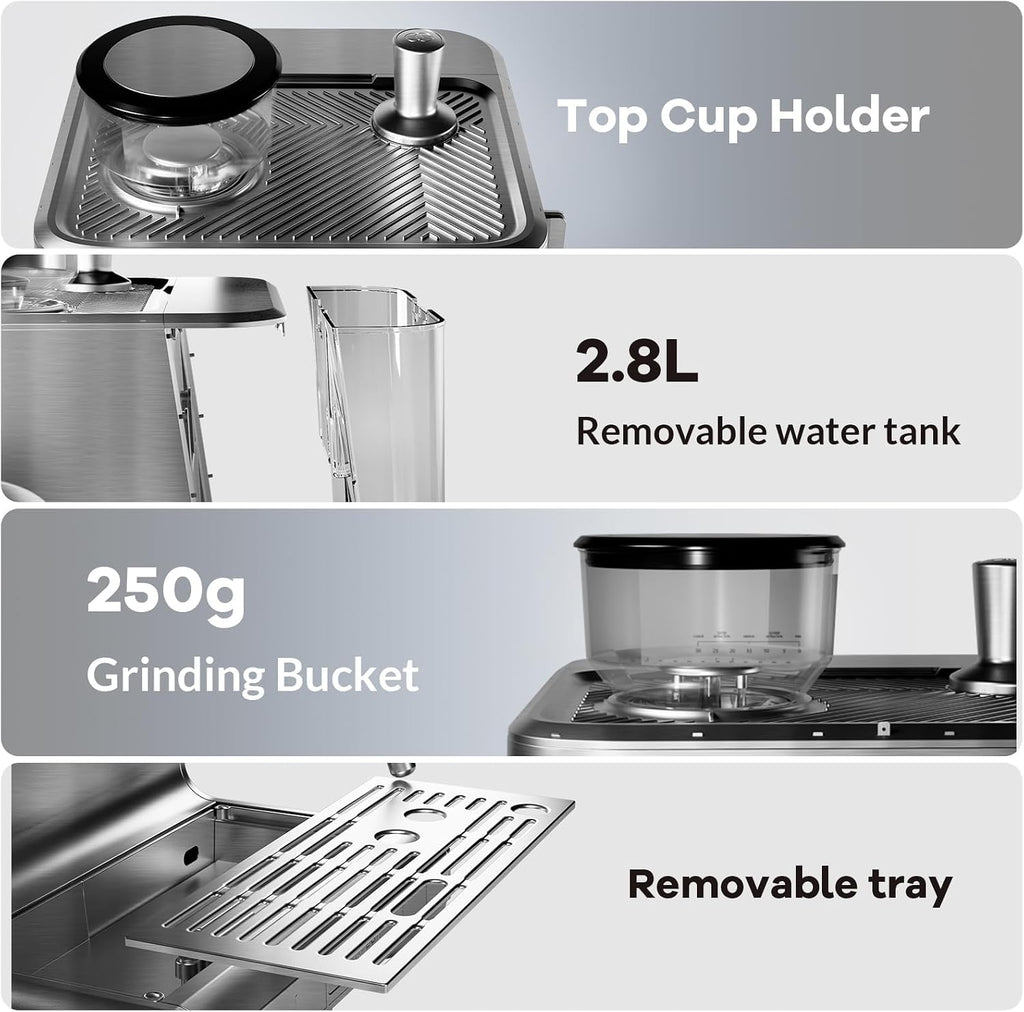Espresso Machine with Grinder, 20 Bar Semi-Automatic Coffee Maker with Milk Frother Steam Wand, PID Temperature Control, 95 OZ Water Tank, for Cappuccino, Latte, Macchiato, Home Barista, Light Gray