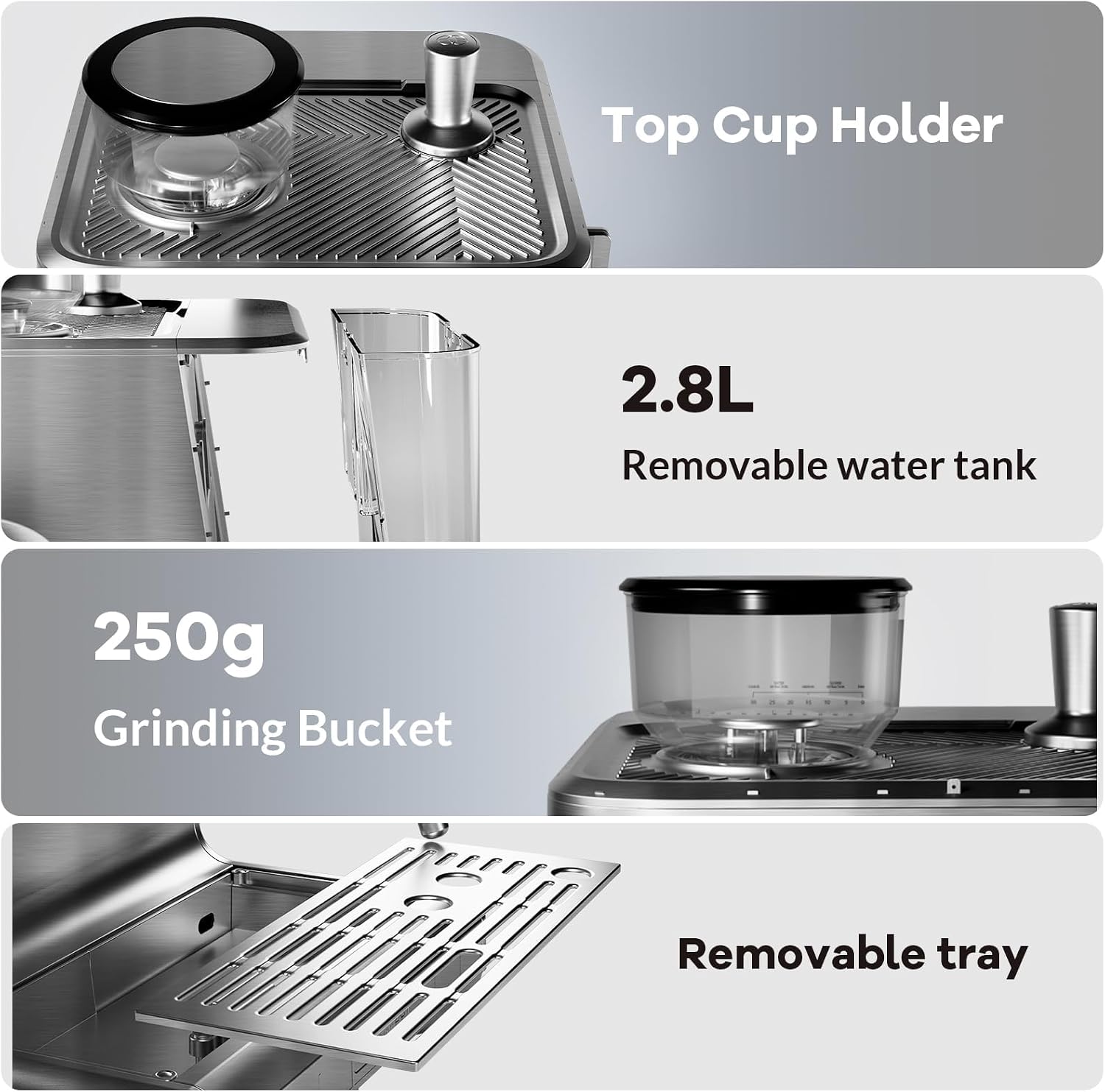 Espresso Machine with Grinder, 20 Bar Semi-Automatic Coffee Maker with Milk Frother Steam Wand, PID Temperature Control, 95 OZ Water Tank, for Cappuccino, Latte, Macchiato, Home Barista, Light Gray