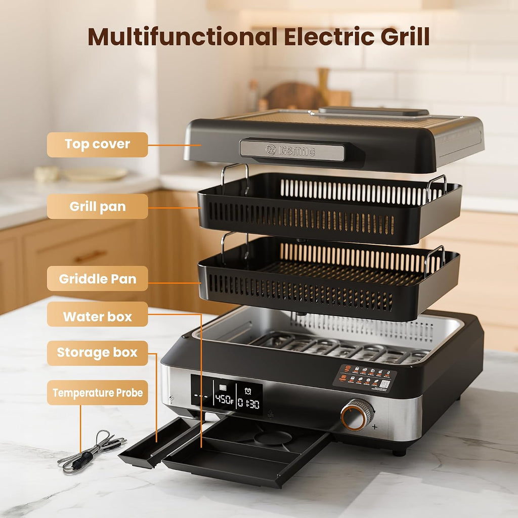 Kismile 2-in-1 Griddle and Indoor Grill,Electric Smokeless Grill with Temperature Probe,Temperature Control & display screen,for Indoor Steaks,Family Cooking(Black)